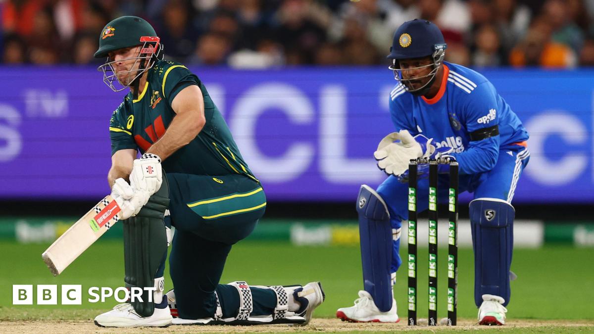 Mitchell Marsh batting for Australia with India wicketkeeper Sanju Samson stood up to the stumps