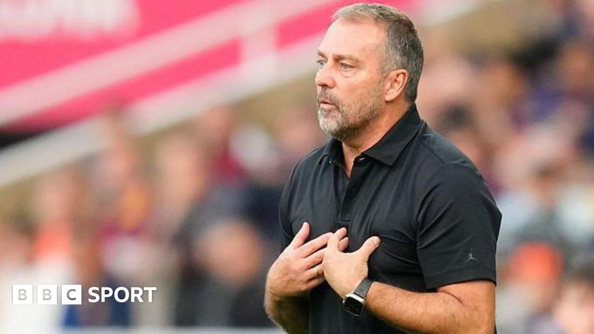 Barcelona coach Hansi Flick reacts to being shown a red card