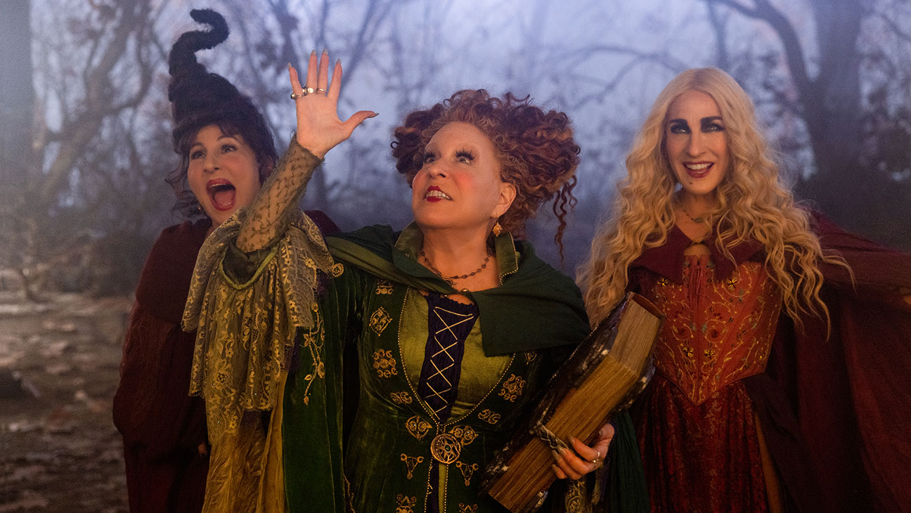 Kathy Najimy as Mary Sanderson, Bette Midler as Winifred Sanderson, and Sarah Jessica Parker as Sarah Sanderson in Disney's live-action HOCUS POCUS 2.