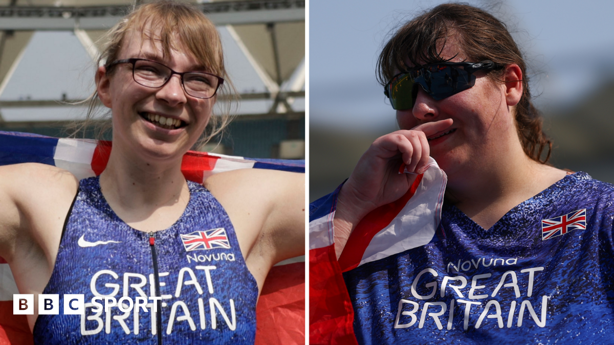 Anna Nicholson, left, and Lydia Church on the podium at the 2025 World Para Athletics Championships in New Delhi