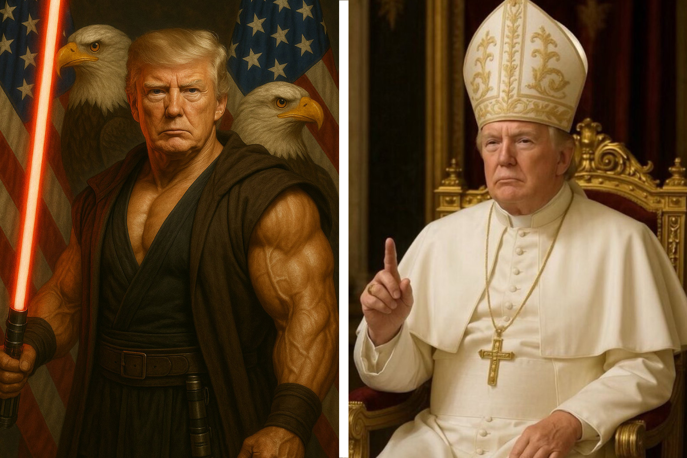 A IA gerou imagens do presidente Donald Trump, retratando-o como um Jedi e o papa.