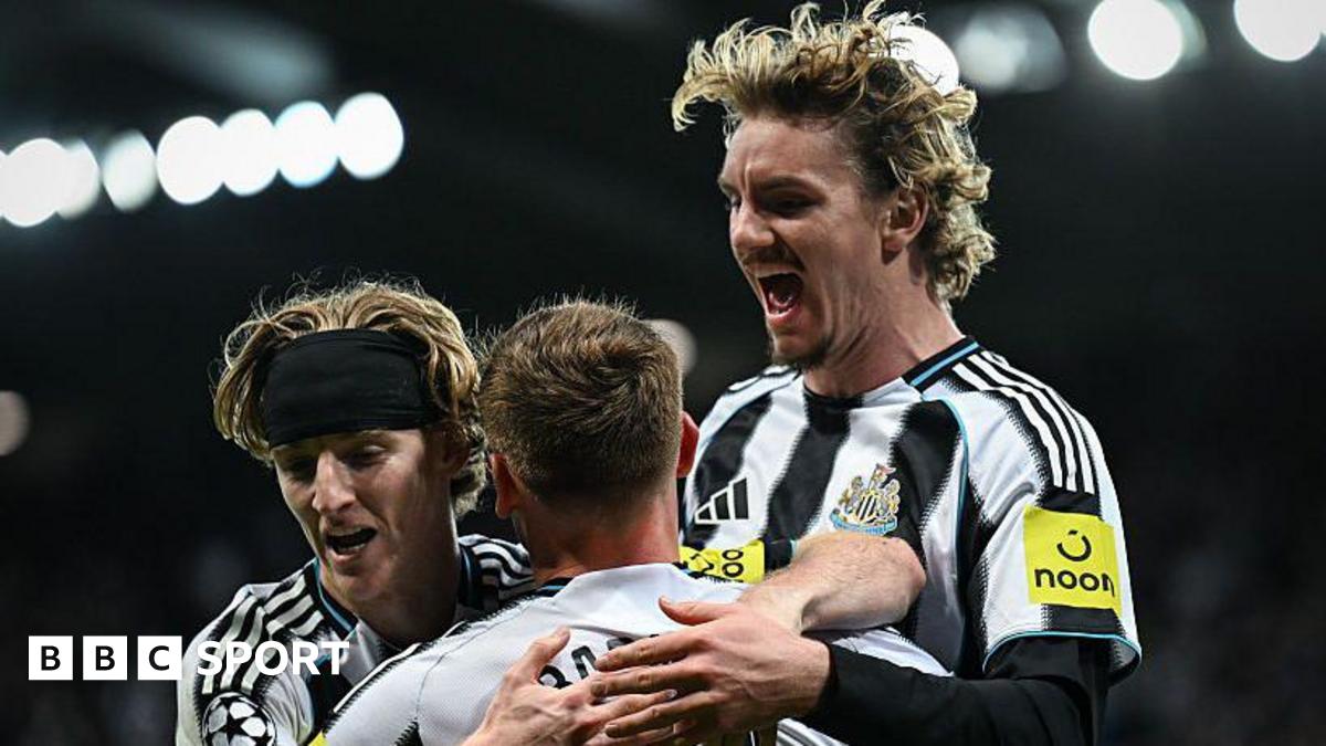 Anthony Gordon celebrates with Nick Woltemade and Harvey Barnes after the latter's goal for Newcastle United against Benfica at St James' Park on 21 October, 2025
