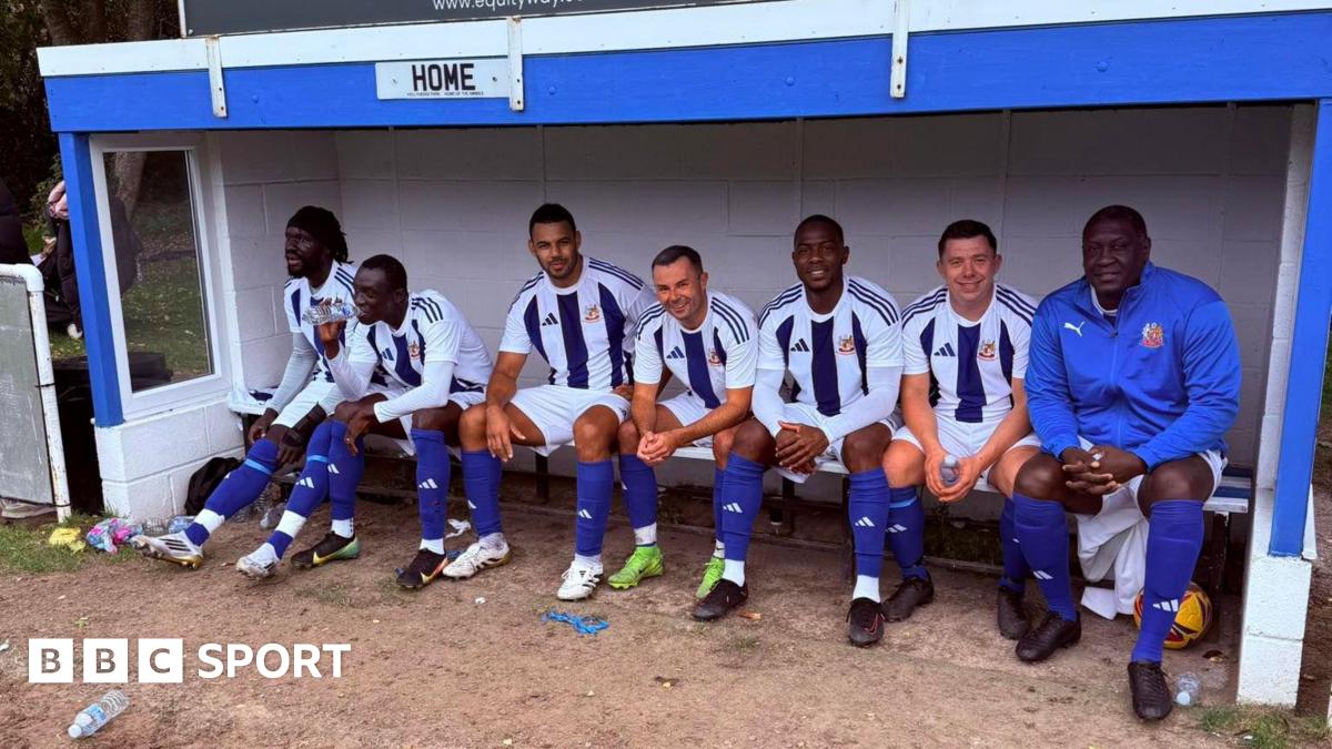 An image showing three former Premier League footballers playing for an amateur Sunday league side  - Oumar Niasse, Papiss Cisse, Marcel Edwards, Blake Norton, Manor Figueroa, Dean Warburton, Emile Heskey