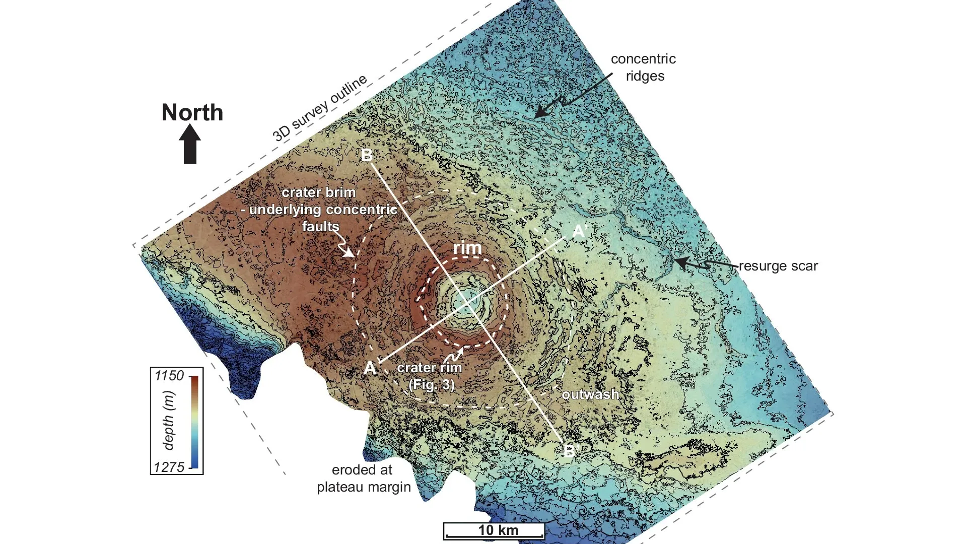 Cratera de asteróide escondida de 8 quilômetros de largura abaixo do Atlântico revelada em impressionante 3D