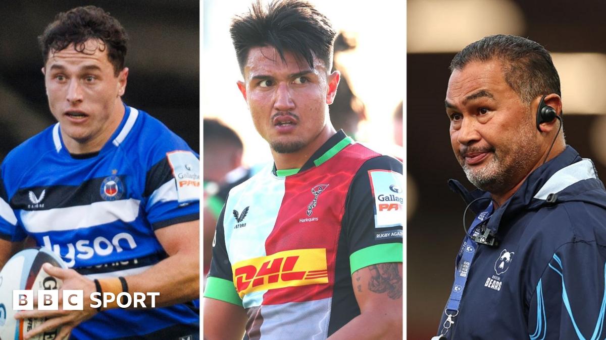 A composite image of Bath's Henry Arundell, Harlequins' Marcus Smith and Bristol's Pat Lam