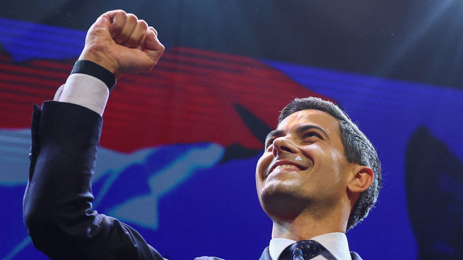 Democrats 66 (D66) party leader Rob Jetten celebrates the exit poll. Pic: Reuters