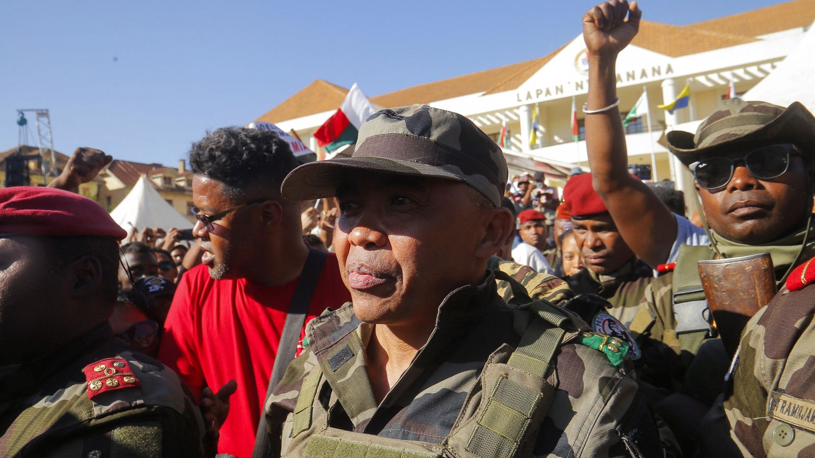 Colonel Michael Randrianirina and members of the military join protesters . Pic: Reuters