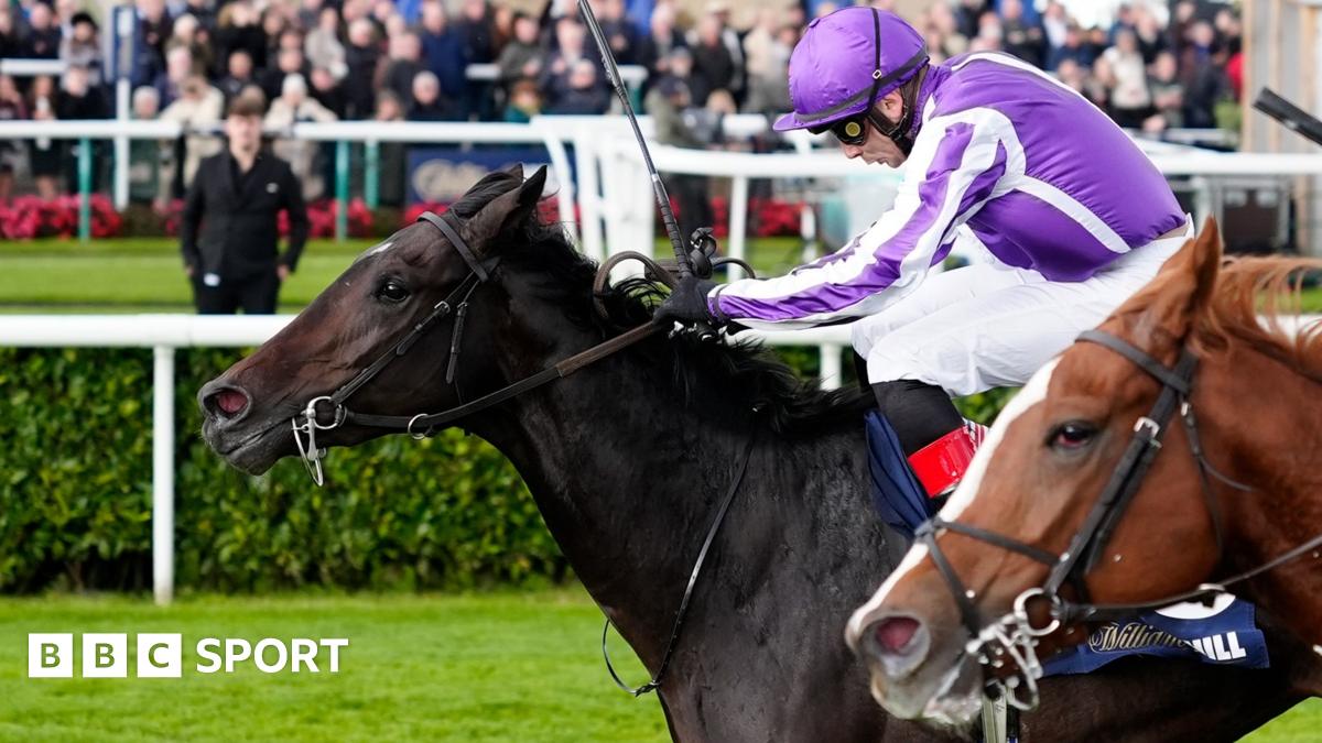 Hawk Mountain, ridden by Ronan Whelan, leads home Action in the Futurity Trophy Stakes at Doncaster