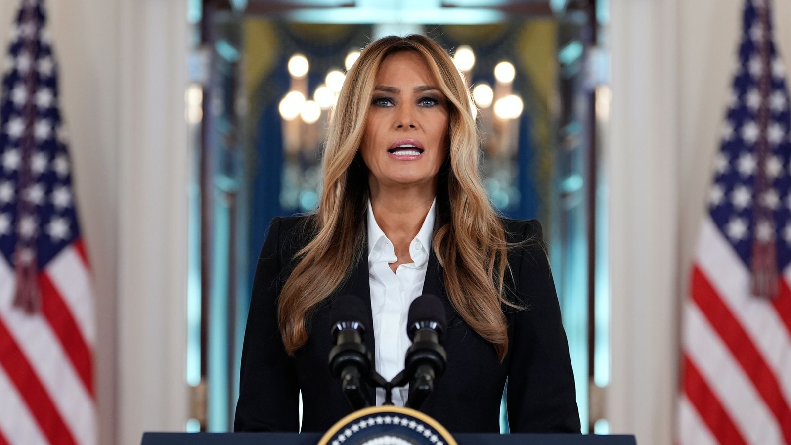 First lady Melania Trump speaks in the Grand Foyer of the White House. Pic: AP
