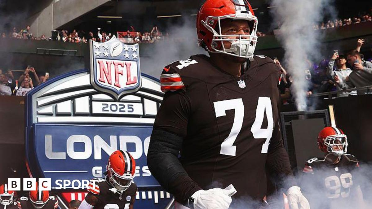 Teven Jenkins of the Cleveland Browns runs on to the field before their game against the Minnesota Vikings at Tottenham Hotspur Stadium