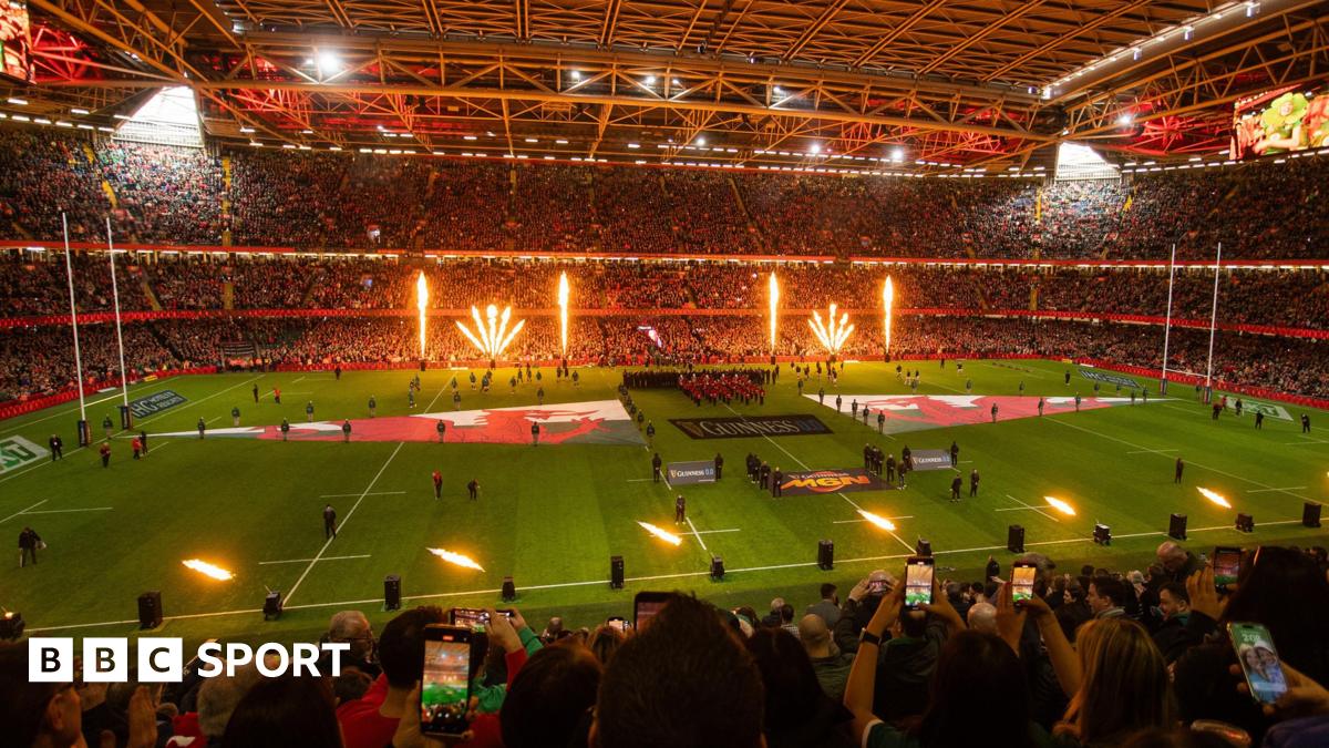 Fireworks inside the Principality Stadium full of fans