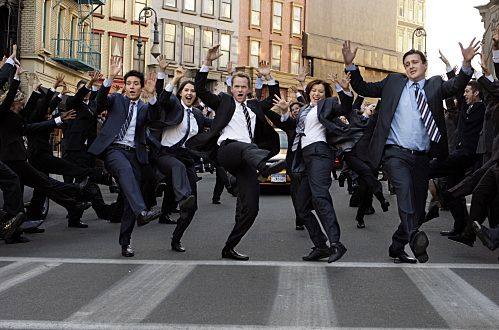 "Girls vs. Suits" -- The cast, Robin (Cobie Smulders), Ted (Josh Radnor), Marshall (Jason Segel), Lily (Alyson Hannigan), and Barney (Neil Patrick Harris) of HOW I MET YOUR MOTHER perform the musical number "Girls Vs. Suits," on the 100th episode airing, on Monday, January 11 (8:00-8:30 PM, ET/PT) on the CBS Television Network. 
Photo: Cliff Lipson/CBS
©2009 CBS Broadcasting Inc. All Rights Reserved.
