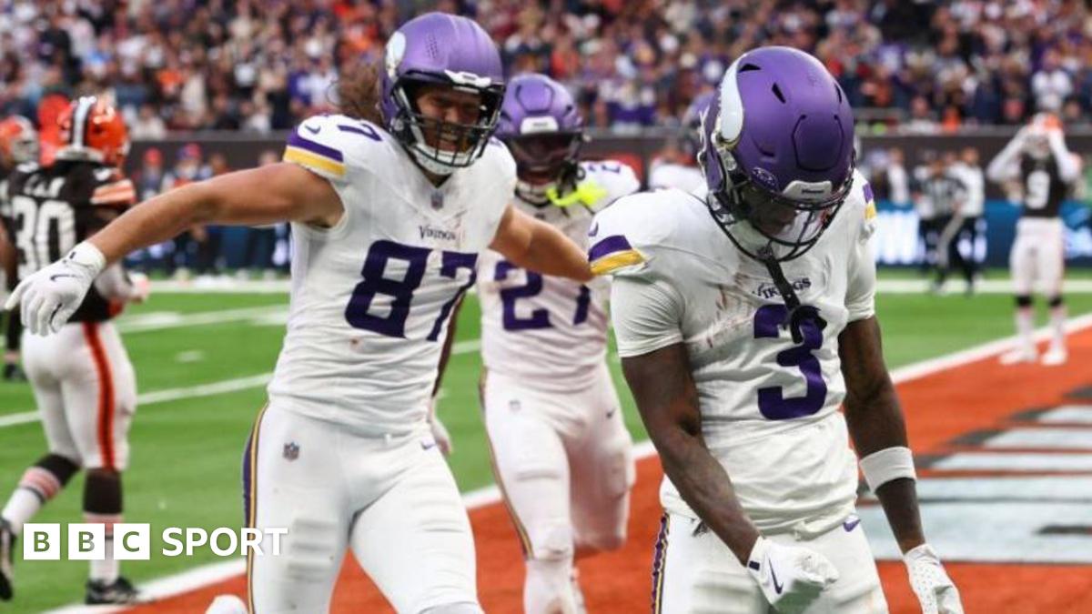 Jordan Addison celebrates scoring a touchdown for the Minnesota Vikings against the Cleveland Browns