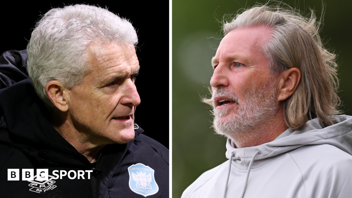 Head and shoulder images of Mark Hughes (left) and Robbie Savage (right)