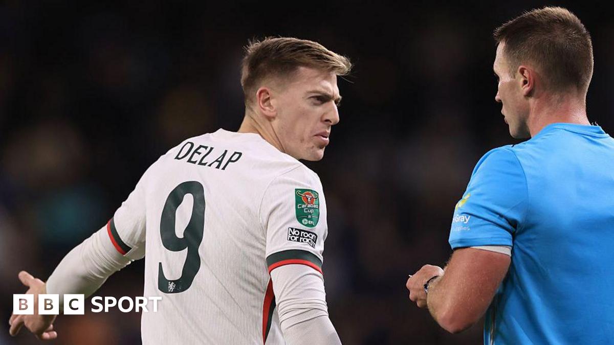 Liam Delap looks bemused after being sent off away at Wolves in the EFL Cup