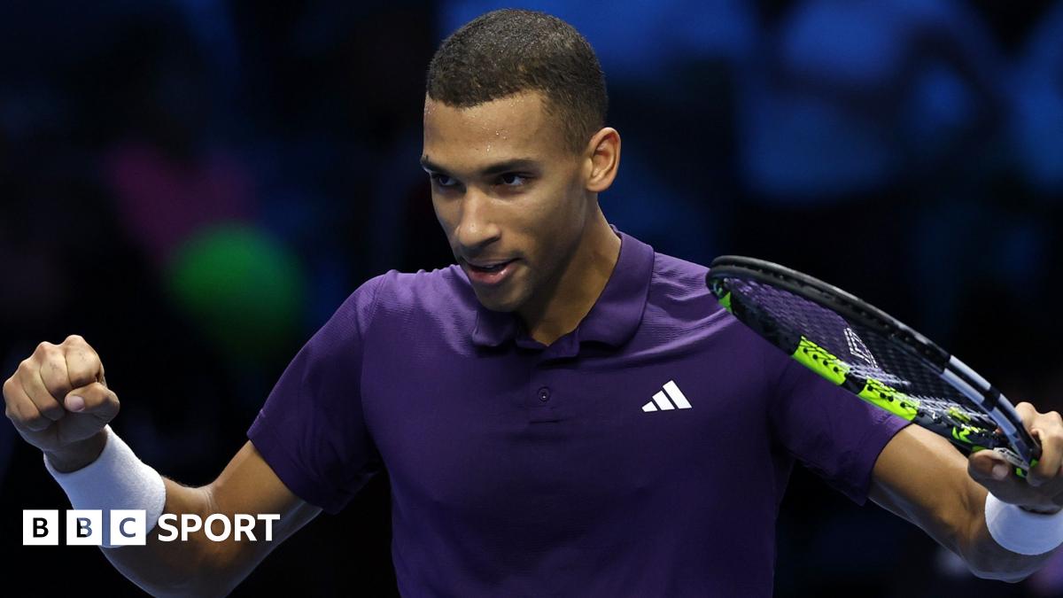 Felix Auger-Aliassime celebrates victory over Ben Shelton at the ATP Finals