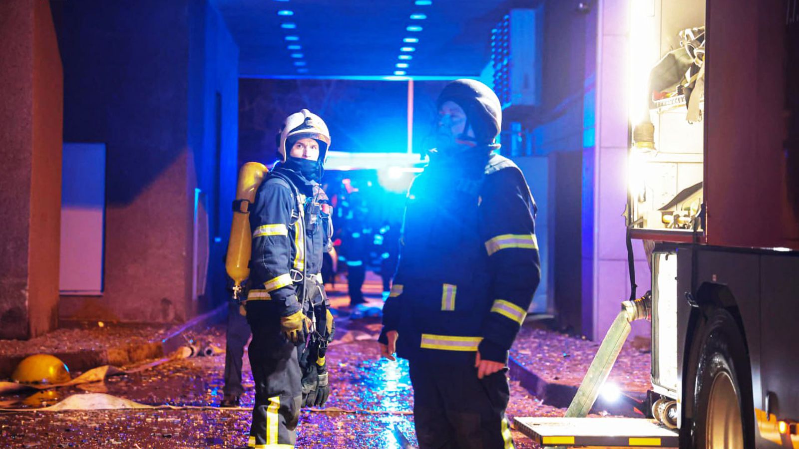 Drone strikes rocked Kyiv in the early hours of Tuesday. Pic: Ukrainian emergency services/Telegram