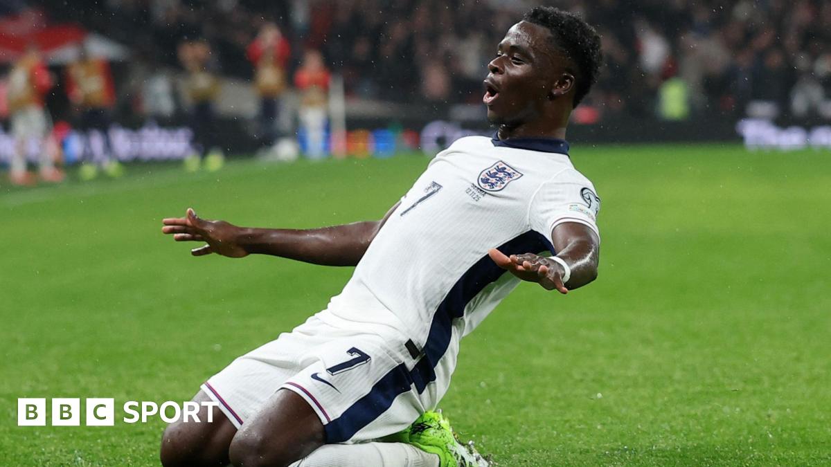 Bukayo Saka celebrates after putting England ahead in the World Cup qualifier against Serbia at Wembley.
