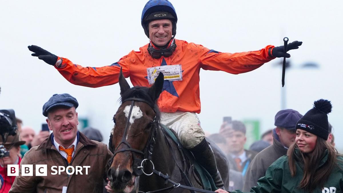 Harry Skelton celebrates after winning by four lengths on Panic Attack