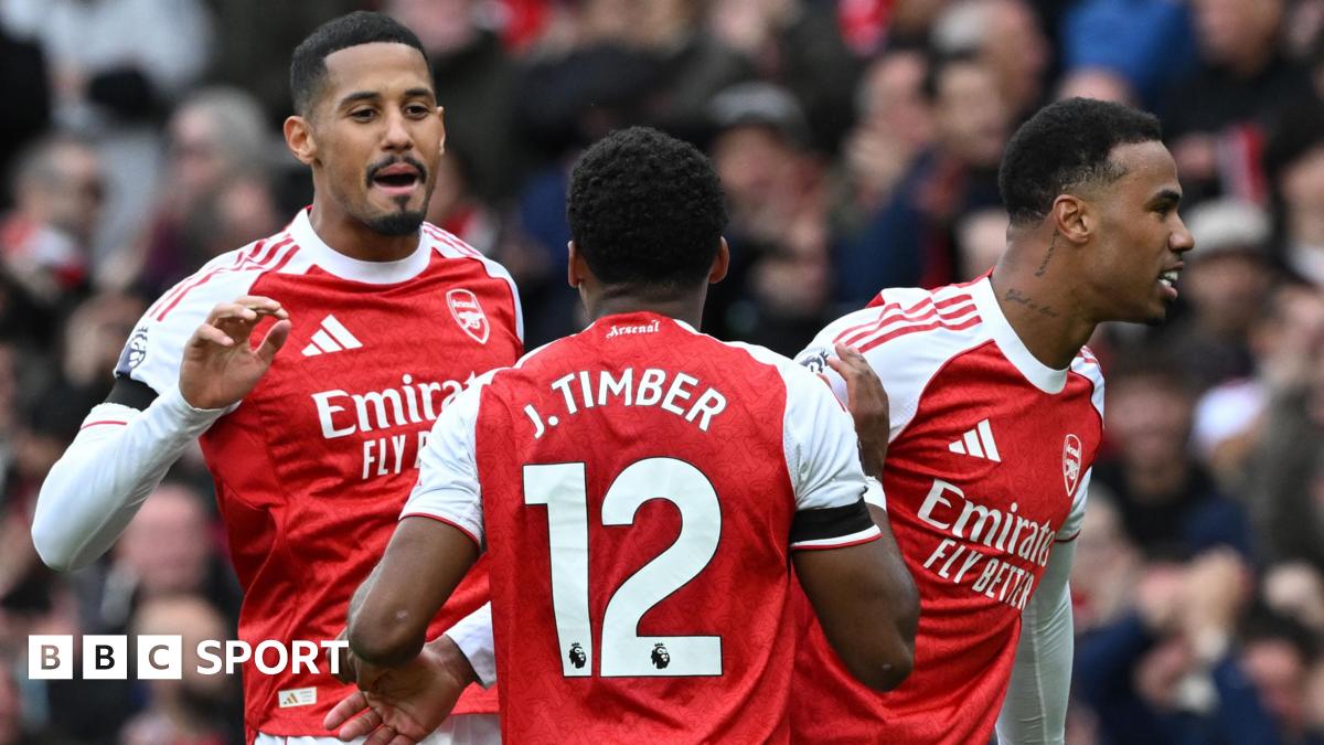 Arsenal defenders William Saliba, Jurrien Timber and Gabriel Magalhaes