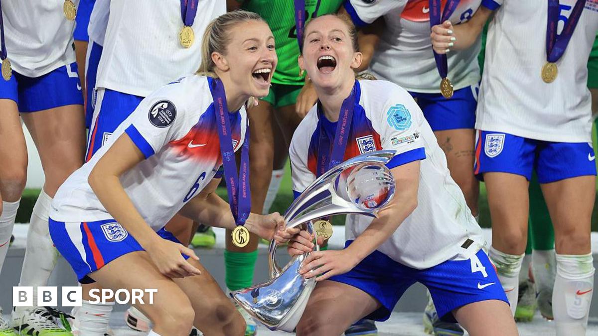 Leah Williamson and Keira Walsh lift Euro 2025 trophy