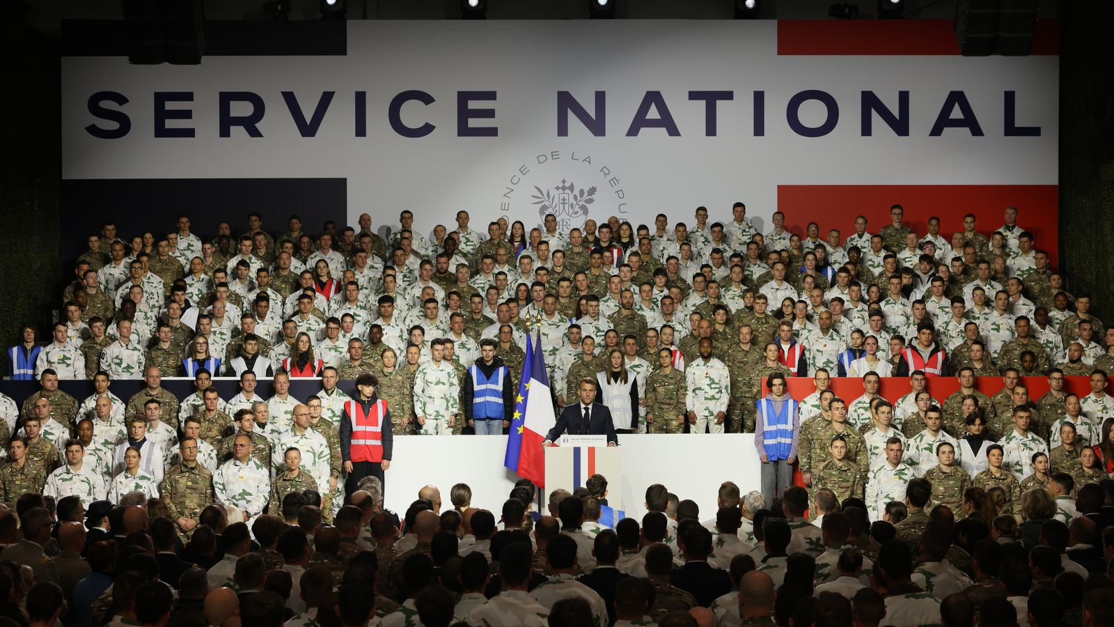 French President Emmanuel Macron unveiling a new national military service. Pic: AP