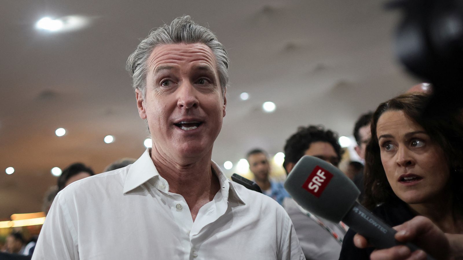 California Governor Gavin Newsom at the UN Climate Change Conference (COP30), in Belem being questioned by Victoria Seabrook. Pic: Reuters