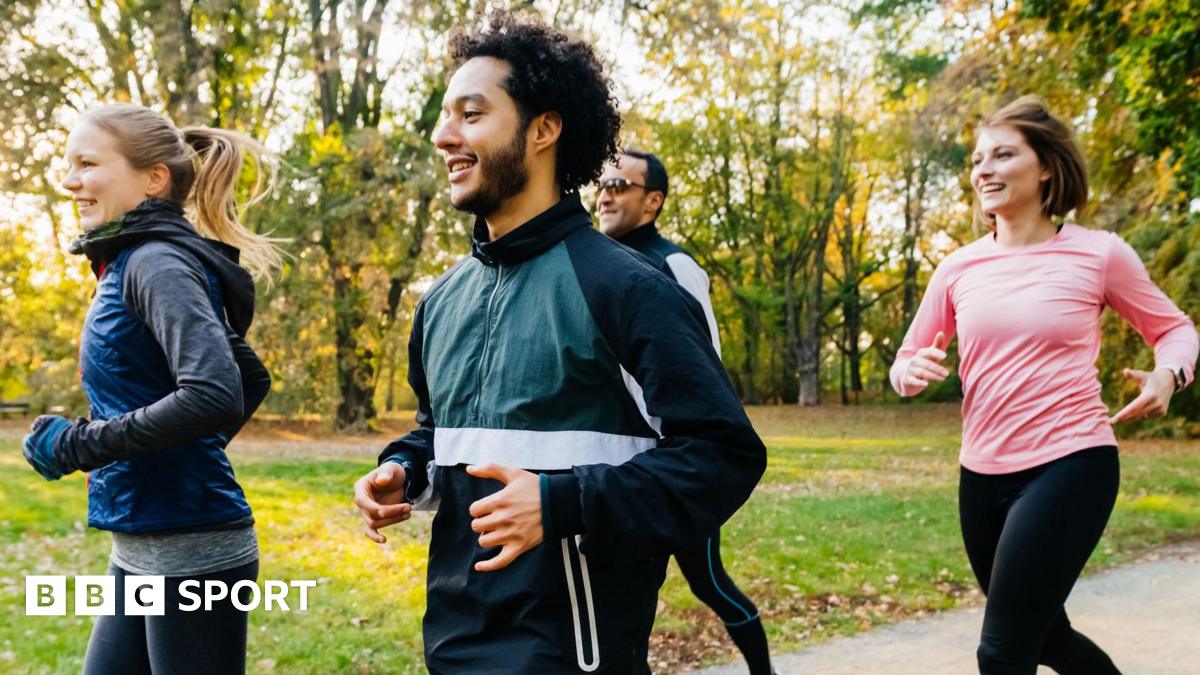 joggers, running through a sunny park