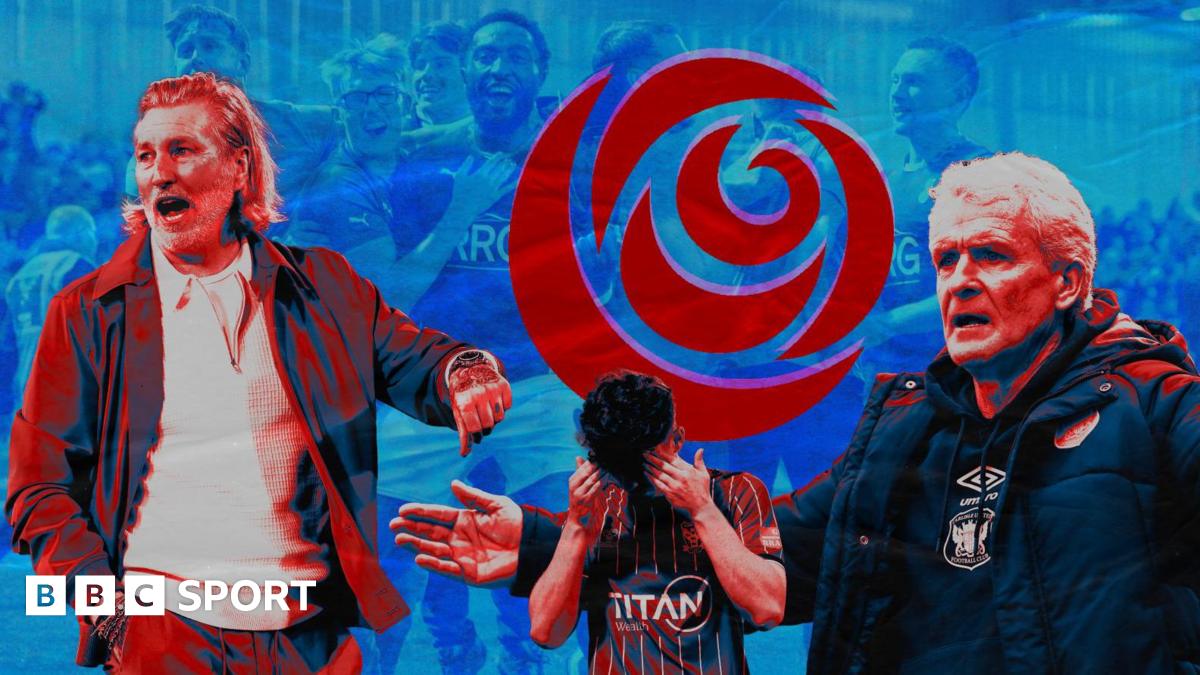 Composite image featuring Forest Green boss Robbie Savage and Carlisle's Mark Hughes with Oldham players celebrating in the background as York's Lewis Richardson has his head in his hands