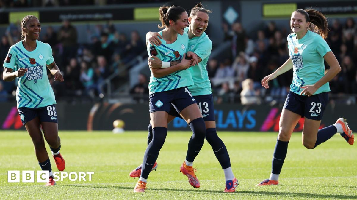 Freya Godfrey of London City Lionesses celebrates with team-mate Elena Linari after scoring her team's first goal
