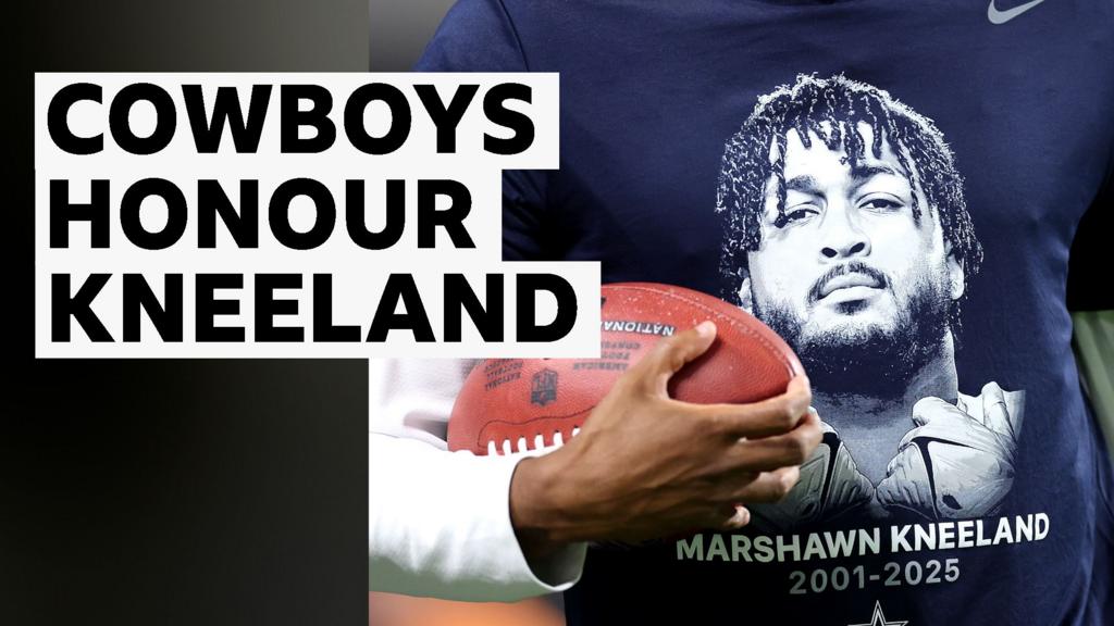 Slate with 'Cowboys honour Kneeland' as text over image of Marshawn Kneeland