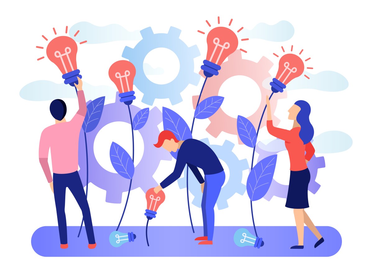 Image of a group of people collecting the fruits of plants in the form of a light bulb idea with gears in the background.