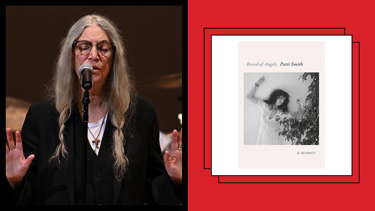 patti smith at a live performance in New York City's Carnegie Hall; patti smith's latest memoir, bread of angels, overlaid on a white and red background