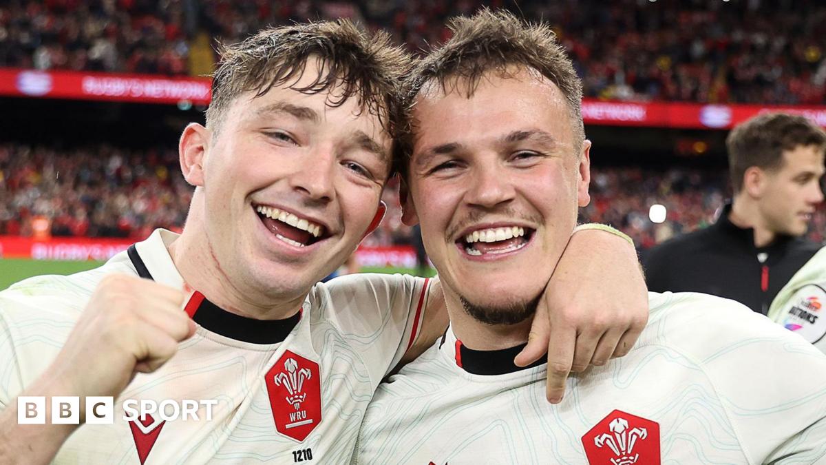 Jarrod Evans (right) celebrates with Dan Edwards with the pair scoring 14 out of 24 points for Wales in the 24-23 win against Japan