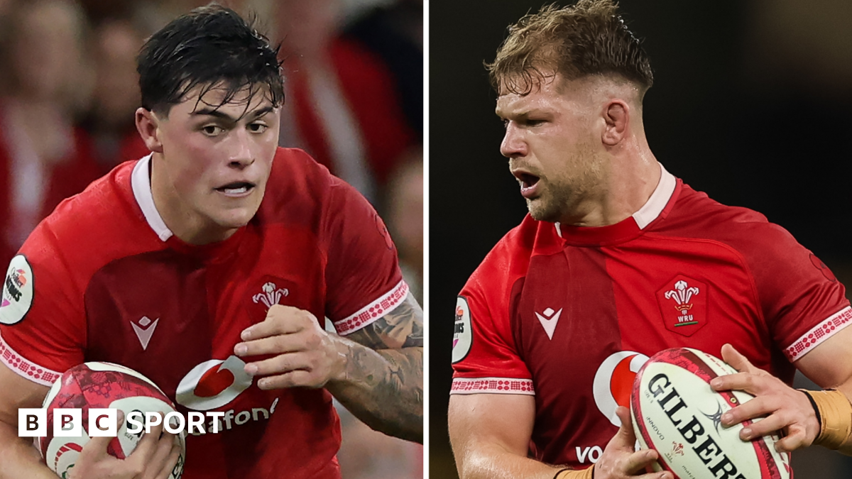 Two close up pictures of Wales' Louis Rees-Zammit and of Olly Cracknell holding the ball during a match