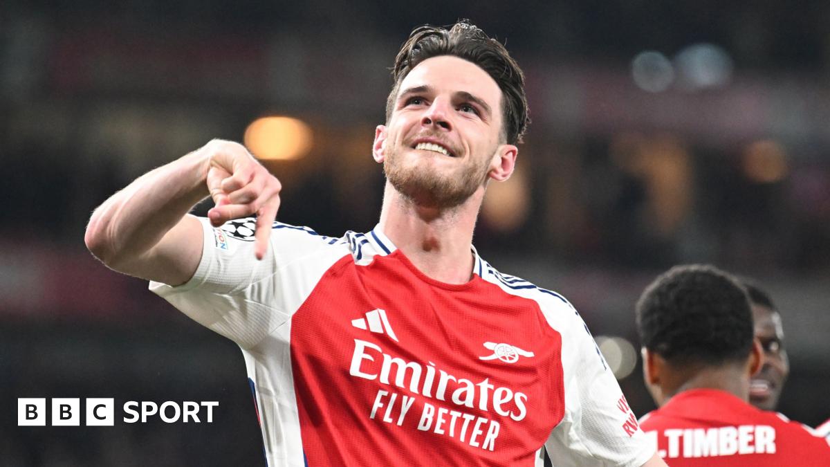Arsenal's Declan Rice celebrates scoring free-kick against Real Madrid in the Champions League
