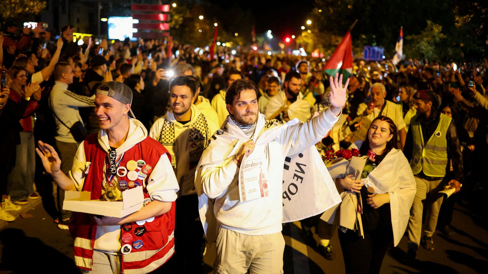 Students being greeted in Novi Sad on Friday. Pic: Reuters