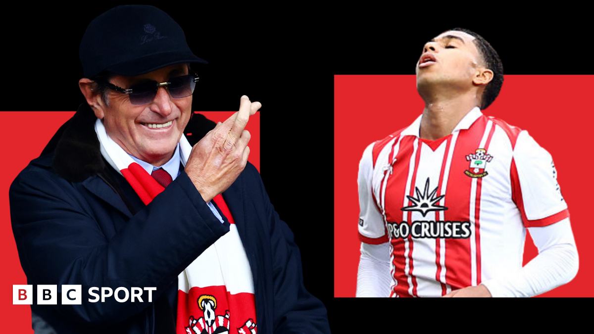 Split image with Southampton owner Dragan Solak crossing his fingers and midfielder Shea Charles looking to the sky after a chance against Swansea