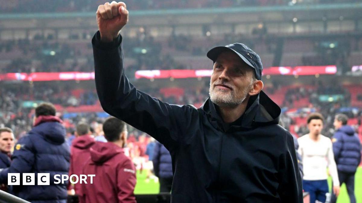 England head coach Thomas Tuchel celebrates his side's win against Latvia in March