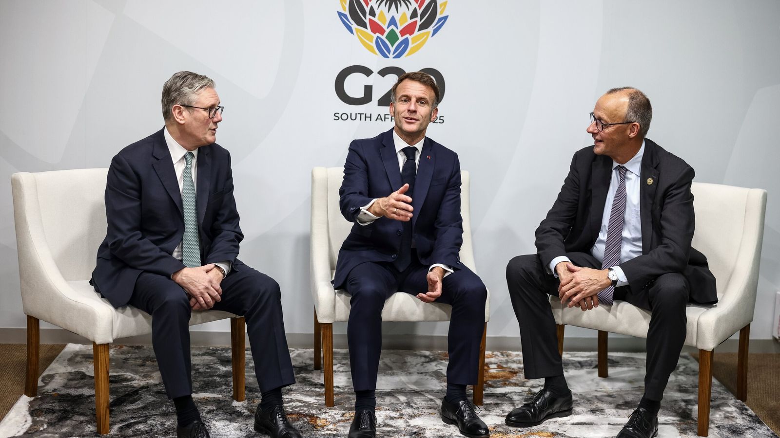 Sir Keir Starmer, Emmanuel Macron and Friedrich Merz at the G20 summit. Pic: PA