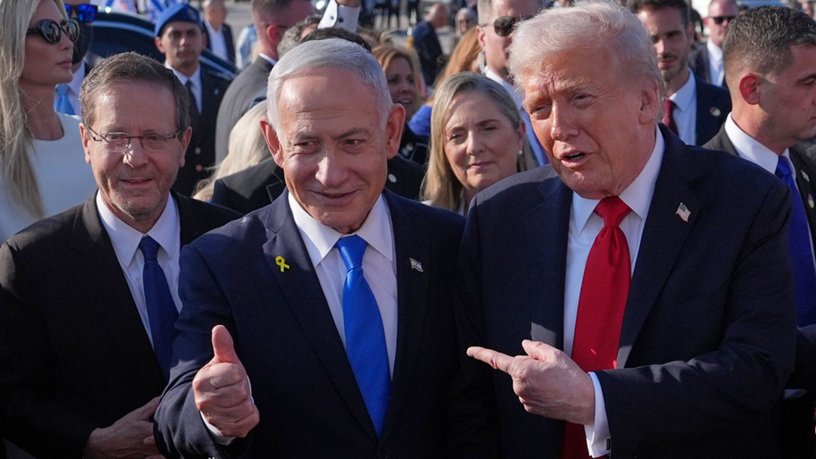 Donald Trump, right, with Benjamin Netanyahu in Israel last month, as Isaac Herzog, left, watches on. Pic: AP