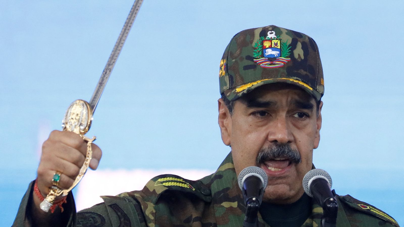 Nicolas Maduro brandishing a sword on Tuesday. Pic: Reuters