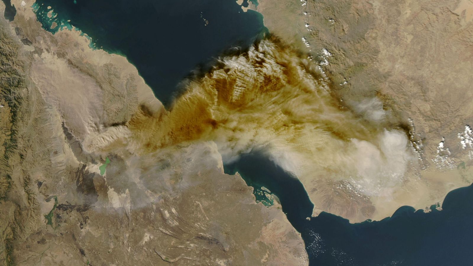 Satellite images show the ash cloud pushing over the Red Sea into Yemen and Oman. Pic: NASA/Reuters