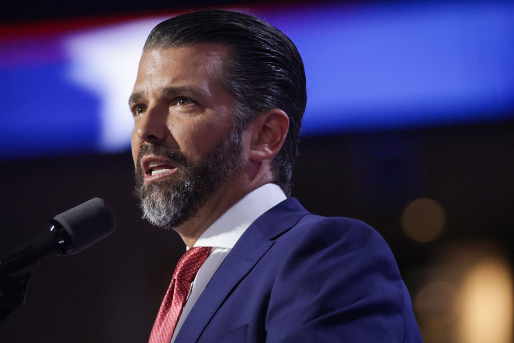 Donald Trump Jr., son of former U.S. President Donald Trump waves from the stage after speaking on the third day of the Republican National Convention at the Fiserv Forum on July 17, 2024 in Milwaukee, Wisconsin.