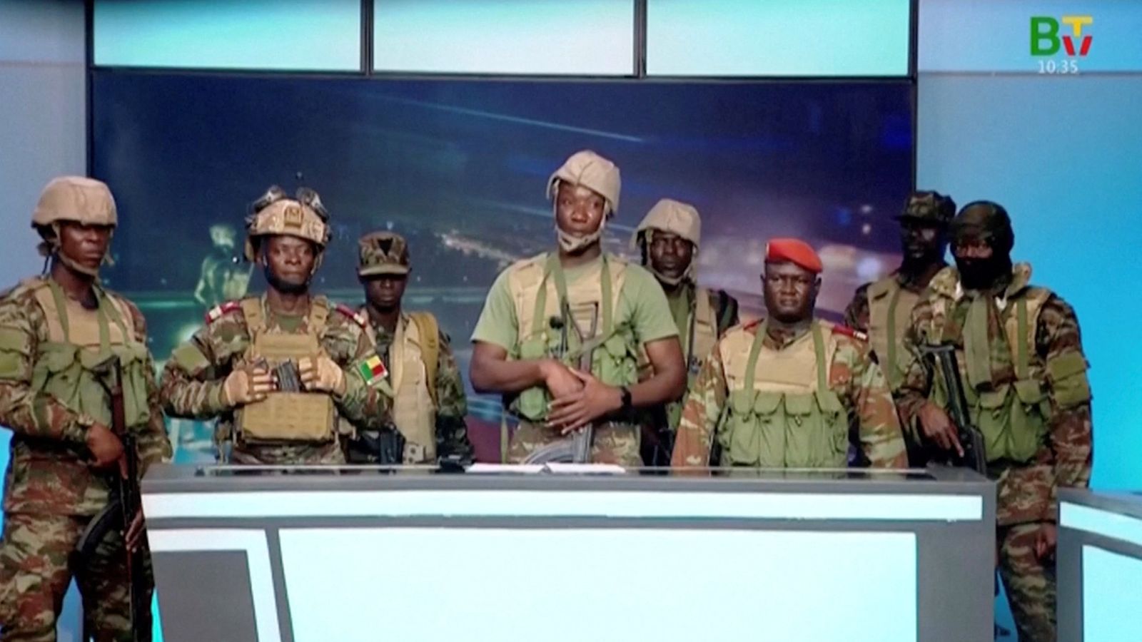 A group of soldiers appeared on Benin's national television, claiming to have seized power. Pic: Reuters