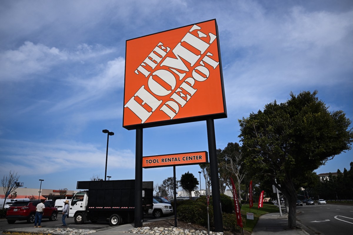 The Home Depot logo is displayed outside the home improvement retail store in Los Angeles, California, on February 21, 2025.