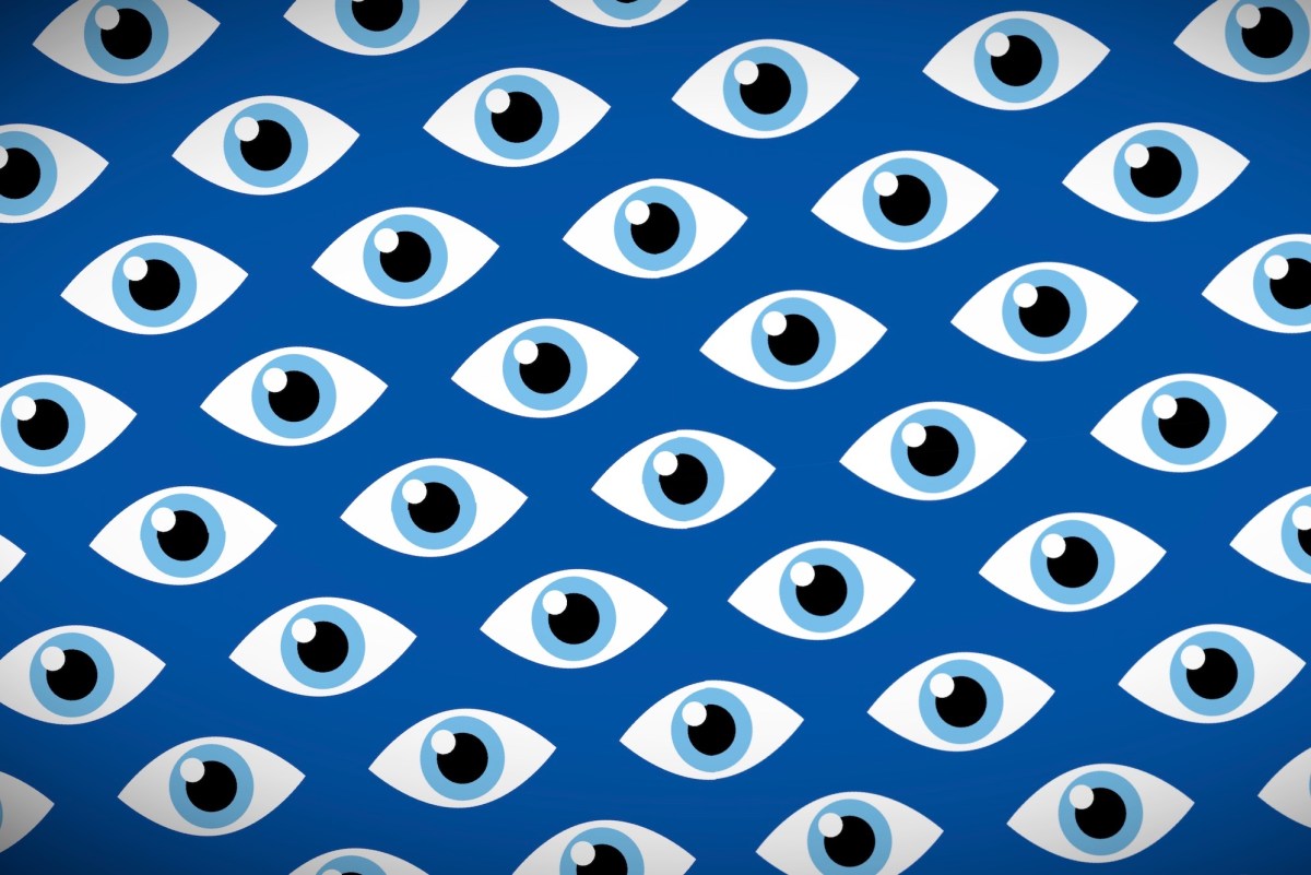 Illustrated patterned eyes on a blue background with a darkened vignette.