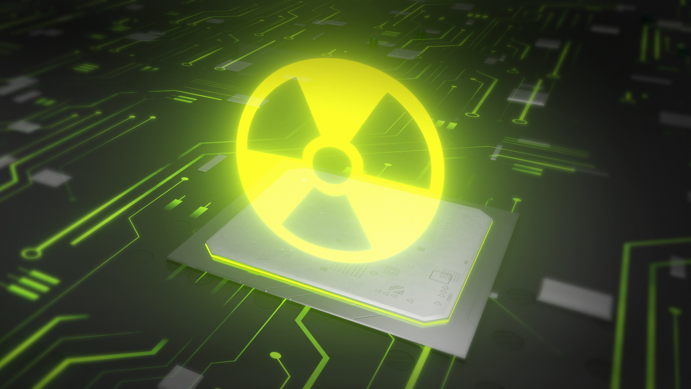 CPU a bordo com holograma de símbolo de perigo nuclear