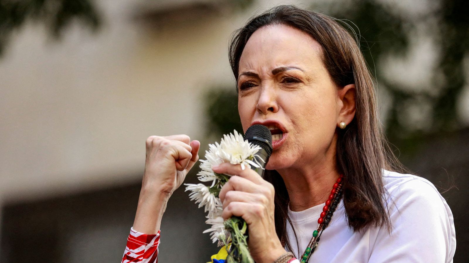 Maria Corina Machado addresses supporters at a protest in January. Pic: Reuters