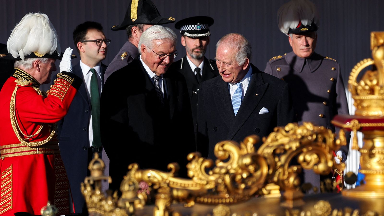 King Charles and Frank-Walter Steinmeier at the start of the German president's state visit to the UK. Pic: Reuters